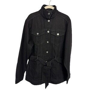 AG Adriano Goldschmied Small Denim Jacket Black Wash Tie Waist Utility Mock Neck